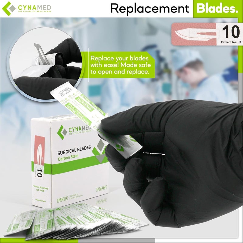 CYNAMED طقم أدوات ديرما بلانينغ المهنية من 3 قطع - مقبض مشرط من الفولاذ المقاوم للصدأ 3، أداة إزالة الشفرات، 100 شفرة ديرما جراحية - تقشير البشرة وإزالة شعر الزغب - مستلزمات أطباء الجلدية - Image 5